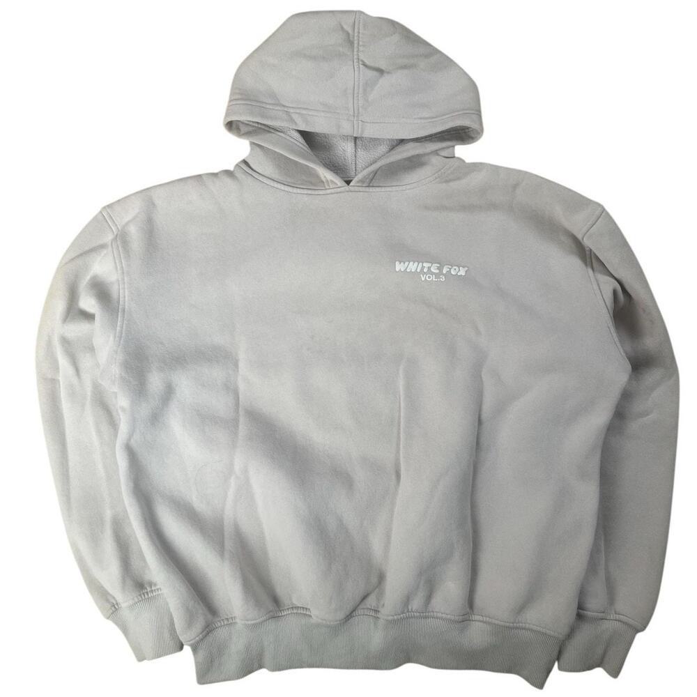 White Fox Sweater Unisex M Gray Pullover Hooded Lined Fleece Heavyweight Logo